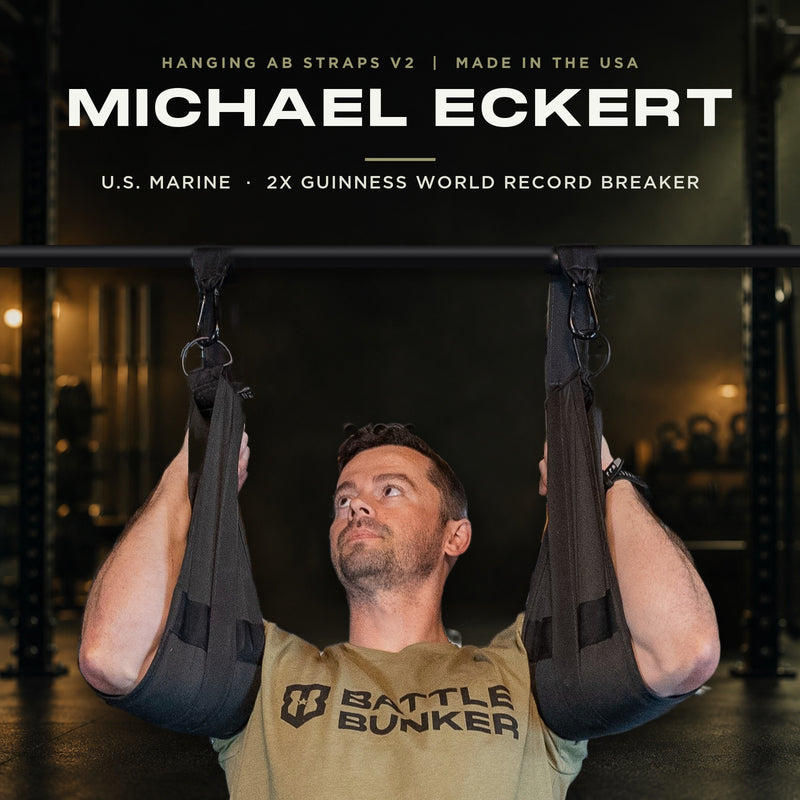 Michael Eckert, U.S. Marine and 2x Guinness World Record breaker, training in Battle Bunker Hanging Ab Straps V2 on a pull-up bar