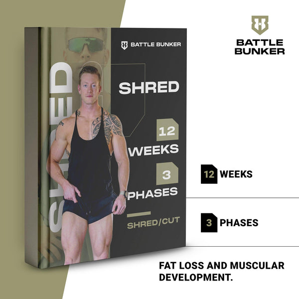 Battle Bunker Shred 12 weeks fitness program cover featuring muscular man for fat loss and muscle development